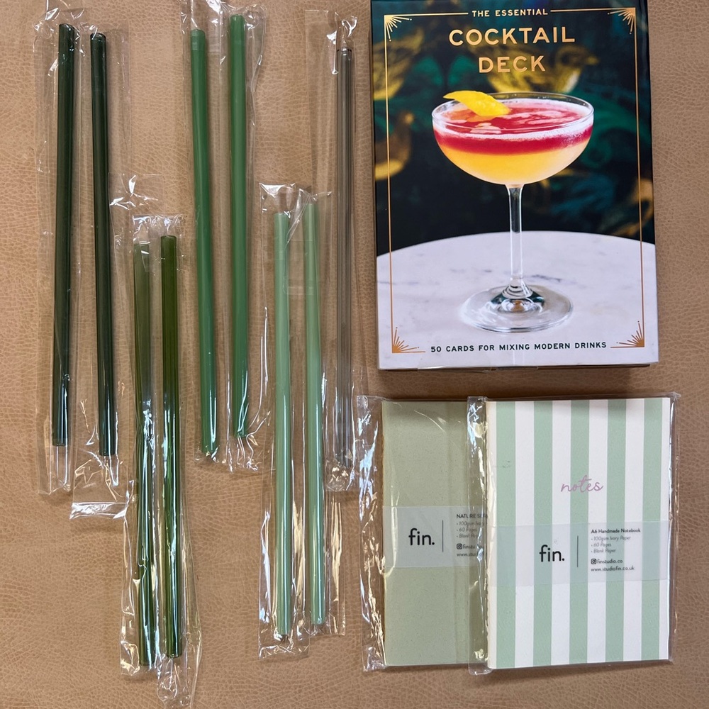 Green and Clear Glass Straws with Cocktail Deck and Notepad